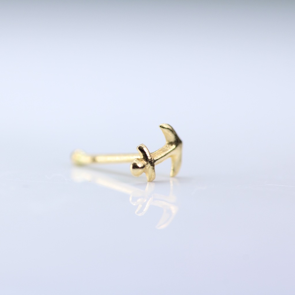 Solid 9kt gold Nose Stud Piercing with a solid gold Anchor sign tiny 9k mark New